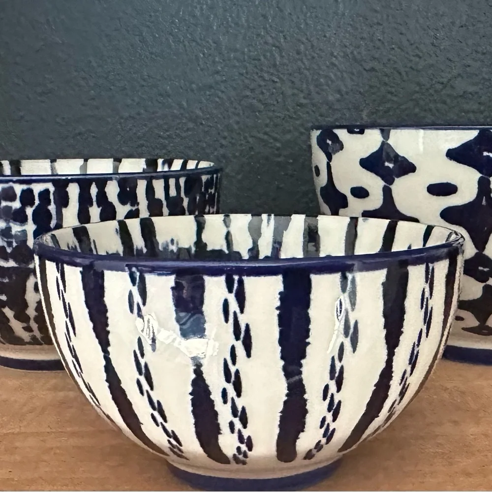 3 West Elm Blue and White Ceramic Art Bowls